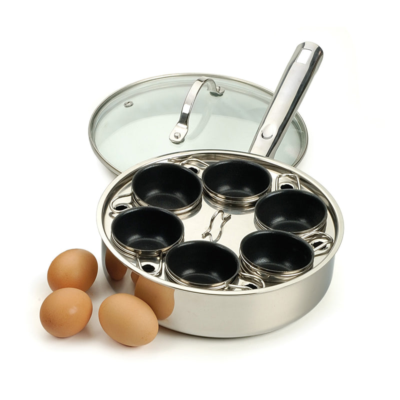 RSVP International POACH-6 Stainless Steel 6-Egg Poacher w/ Glass Lid